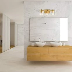 Dakota 20 in. 3-Light Matte Brass Vanity Light with Clear Glass Shades by Globe Electric -Deals Globe Electric Store matte brass globe electric vanity lighting 65564 31 1000