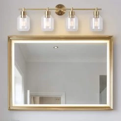 Cannes 33.63 in. 4-Light Matte Brass Vanity Light with Opal Glass Shades by Globe Electric -Deals Globe Electric Store matte brass globe electric vanity lighting 91002299 31 1000