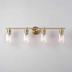 Cannes 33.63 in. 4-Light Matte Brass Vanity Light with Opal Glass Shades by Globe Electric -Deals Globe Electric Store matte brass globe electric vanity lighting 91002299 44 1000