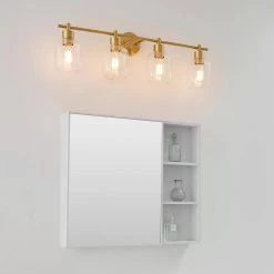 Cannes 33.63 in. 4-Light Matte Brass Vanity Light with Opal Glass Shades by Globe Electric -Deals Globe Electric Store matte brass globe electric vanity lighting 91002299 c3 1000