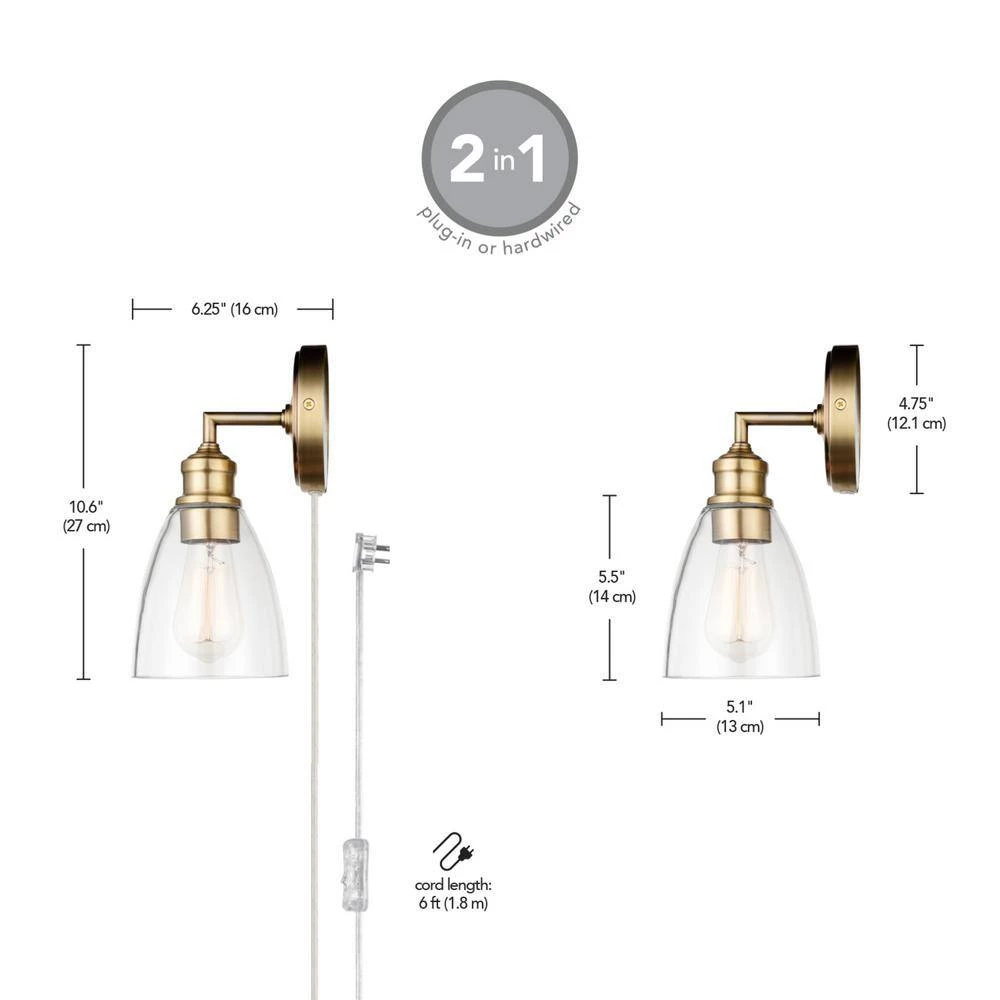 Molly 1-Light Matte Brass Plug-In or Hardwire Wall Sconce with Clear Glass Shade, LED Bulb Included by Globe Electric 7 Molly 1-Light Matte Brass Plug-In or Hardwire Wall Sconce with Clear Glass Shade, LED Bulb Included by Globe Electric - Image 7