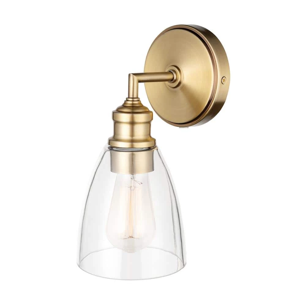 Molly 1-Light Matte Brass Plug-In or Hardwire Wall Sconce with Clear Glass Shade, LED Bulb Included by Globe Electric 1 Molly 1-Light Matte Brass Plug-In or Hardwire Wall Sconce with Clear Glass Shade, LED Bulb Included by Globe Electric