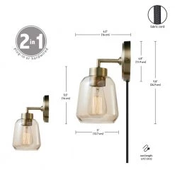 Salma 1-Light Matte Brass Plug-In or Hardwire Wall Sconce with Smoked Amber Glass Shade and In-Line On/Off Switch by Globe Electric -Deals Globe Electric Store matte brass globe electric wall sconces 51715 40 1000