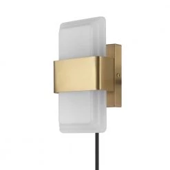 1-Light Matte Brass 19-Watt LED Integrated Plug-In or Hardwire Wall Sconce with Frosted Acrylic Shade, 3000 Kelvin by Globe Electric