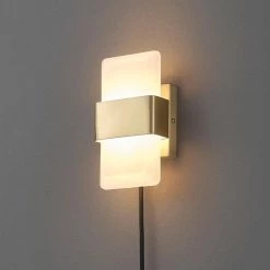 1-Light Matte Brass 19-Watt LED Integrated Plug-In or Hardwire Wall Sconce with Frosted Acrylic Shade, 3000 Kelvin by Globe Electric -Deals Globe Electric Store matte brass globe electric wall sconces 91002861 fa 1000