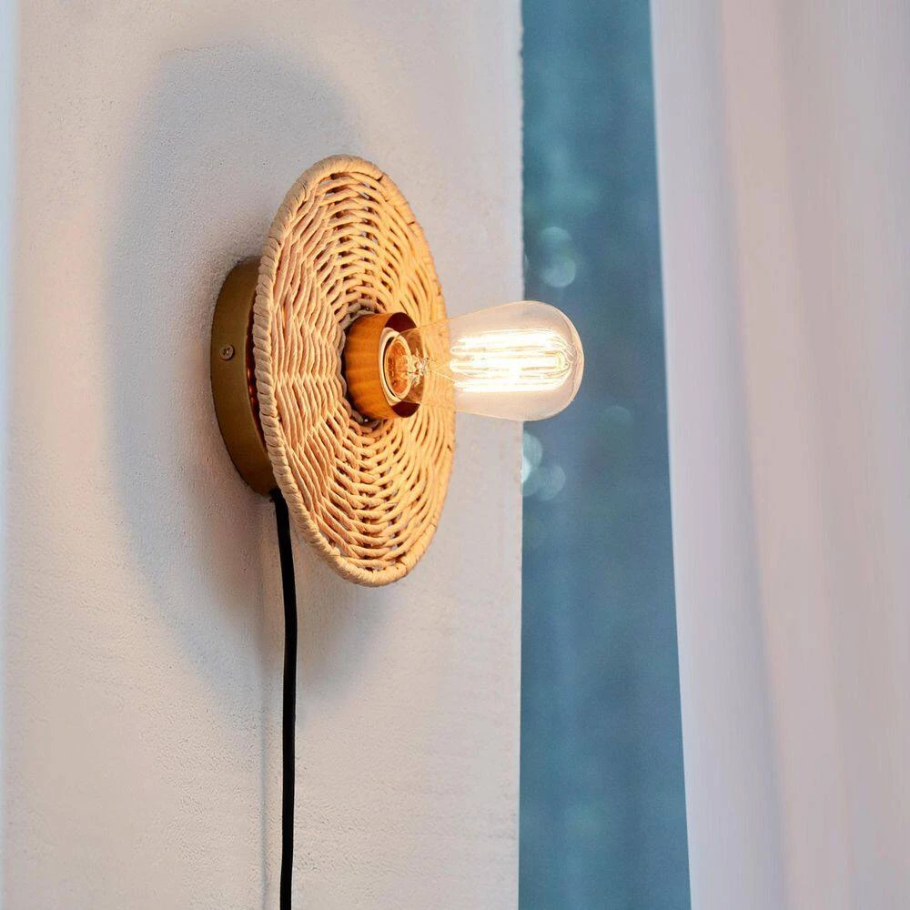 1-Light Matte Brass Plug-In or Hardwire Wall Sconce with Faux Rattan Backplate, In-Line On/Off Rocker Switch by Globe Electric 10 1-Light Matte Brass Plug-In or Hardwire Wall Sconce with Faux Rattan Backplate, In-Line On/Off Rocker Switch by Globe Electric - Image 10