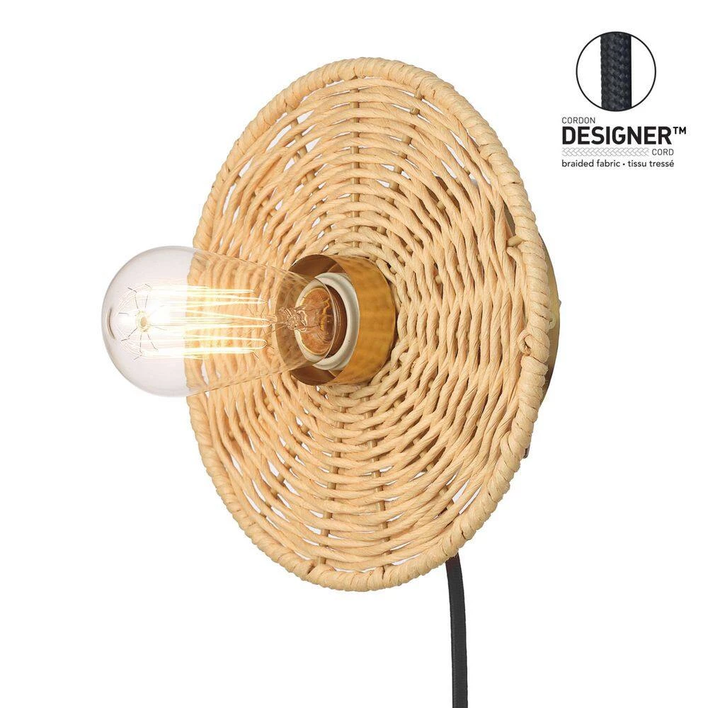1-Light Matte Brass Plug-In or Hardwire Wall Sconce with Faux Rattan Backplate, In-Line On/Off Rocker Switch by Globe Electric 7 1-Light Matte Brass Plug-In or Hardwire Wall Sconce with Faux Rattan Backplate, In-Line On/Off Rocker Switch by Globe Electric - Image 7