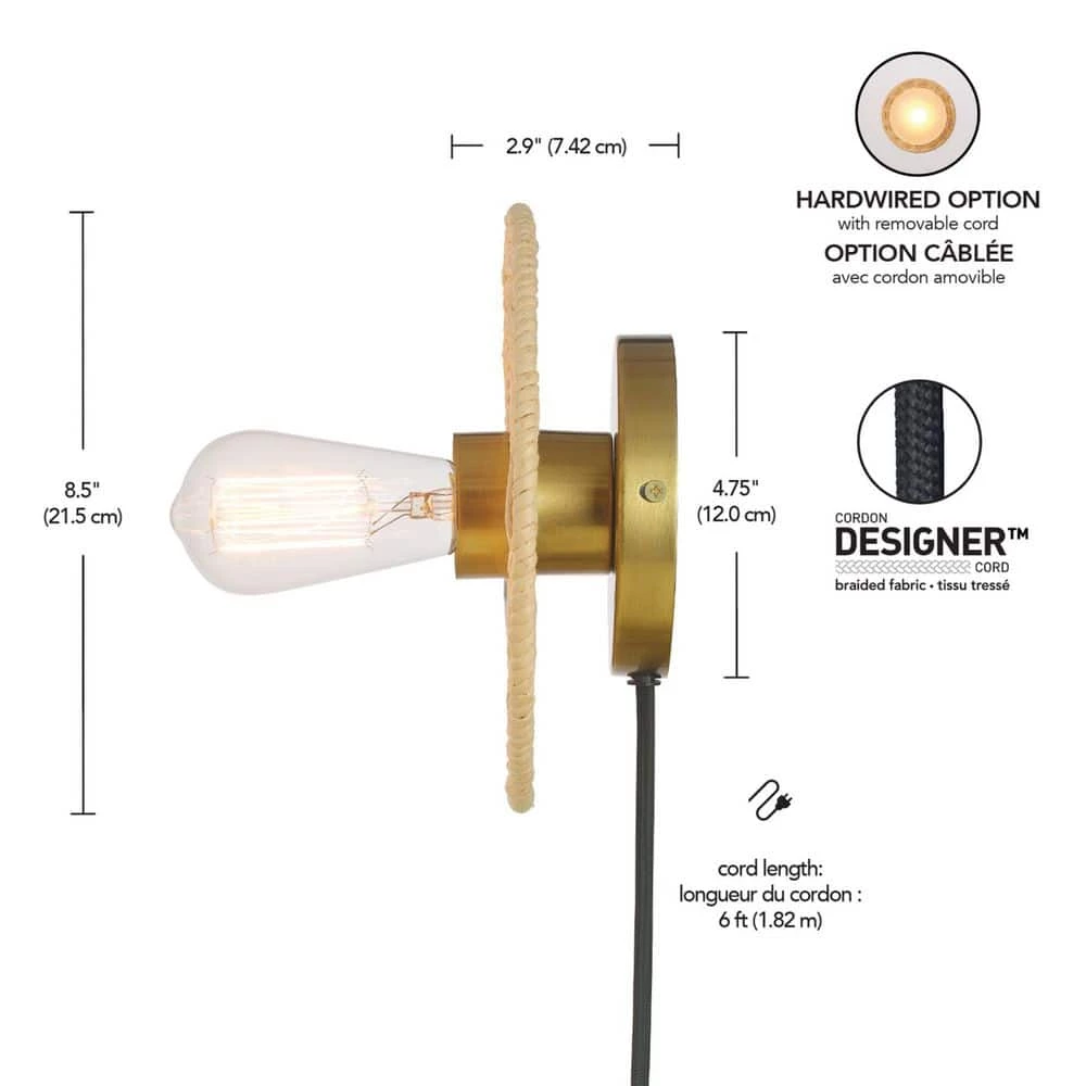 1-Light Matte Brass Plug-In or Hardwire Wall Sconce with Faux Rattan Backplate, In-Line On/Off Rocker Switch by Globe Electric 3 1-Light Matte Brass Plug-In or Hardwire Wall Sconce with Faux Rattan Backplate, In-Line On/Off Rocker Switch by Globe Electric - Image 3
