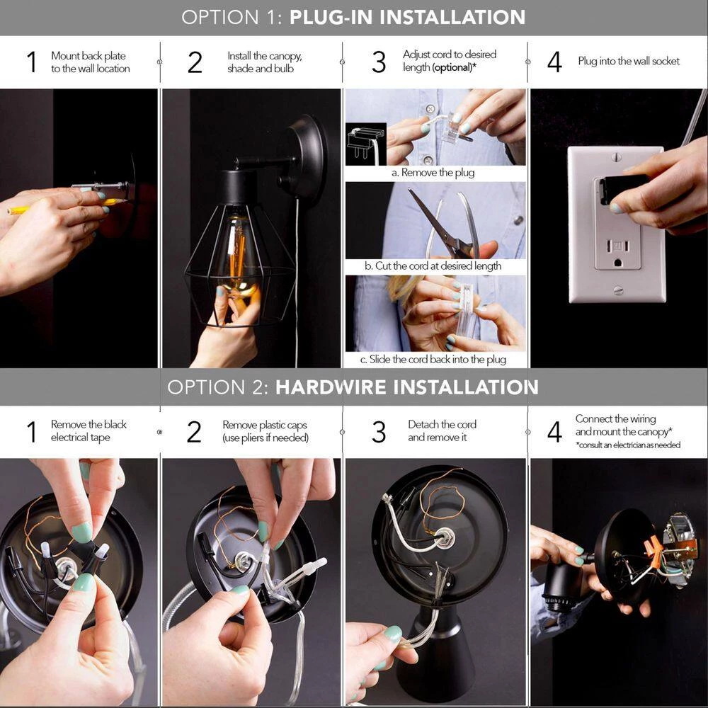 1-Light Matte Brass Plug-In or Hardwire Wall Sconce with Faux Rattan Backplate, In-Line On/Off Rocker Switch by Globe Electric 9 1-Light Matte Brass Plug-In or Hardwire Wall Sconce with Faux Rattan Backplate, In-Line On/Off Rocker Switch by Globe Electric - Image 9