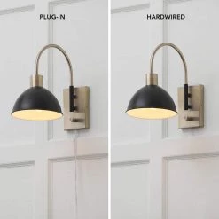 1-Light Matte Brass Plug-In or Hardwire Wall Sconce with Matte Black Accents, 6 ft. Clear Cord, On/Off Rotary Switch by Globe Electric 19 1-Light Matte Brass Plug-In or Hardwire Wall Sconce with Matte Black Accents, 6 ft. Clear Cord, On/Off Rotary Switch by Globe Electric -Deals Globe Electric Store matte brass globe electric wall sconces 91002864 31 1000