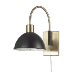 1-Light Matte Brass Plug-In or Hardwire Wall Sconce with Matte Black Accents, 6 ft. Clear Cord, On/Off Rotary Switch by Globe Electric