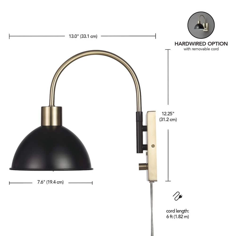 1-Light Matte Brass Plug-In or Hardwire Wall Sconce with Matte Black Accents, 6 ft. Clear Cord, On/Off Rotary Switch by Globe Electric 3 1-Light Matte Brass Plug-In or Hardwire Wall Sconce with Matte Black Accents, 6 ft. Clear Cord, On/Off Rotary Switch by Globe Electric - Image 3