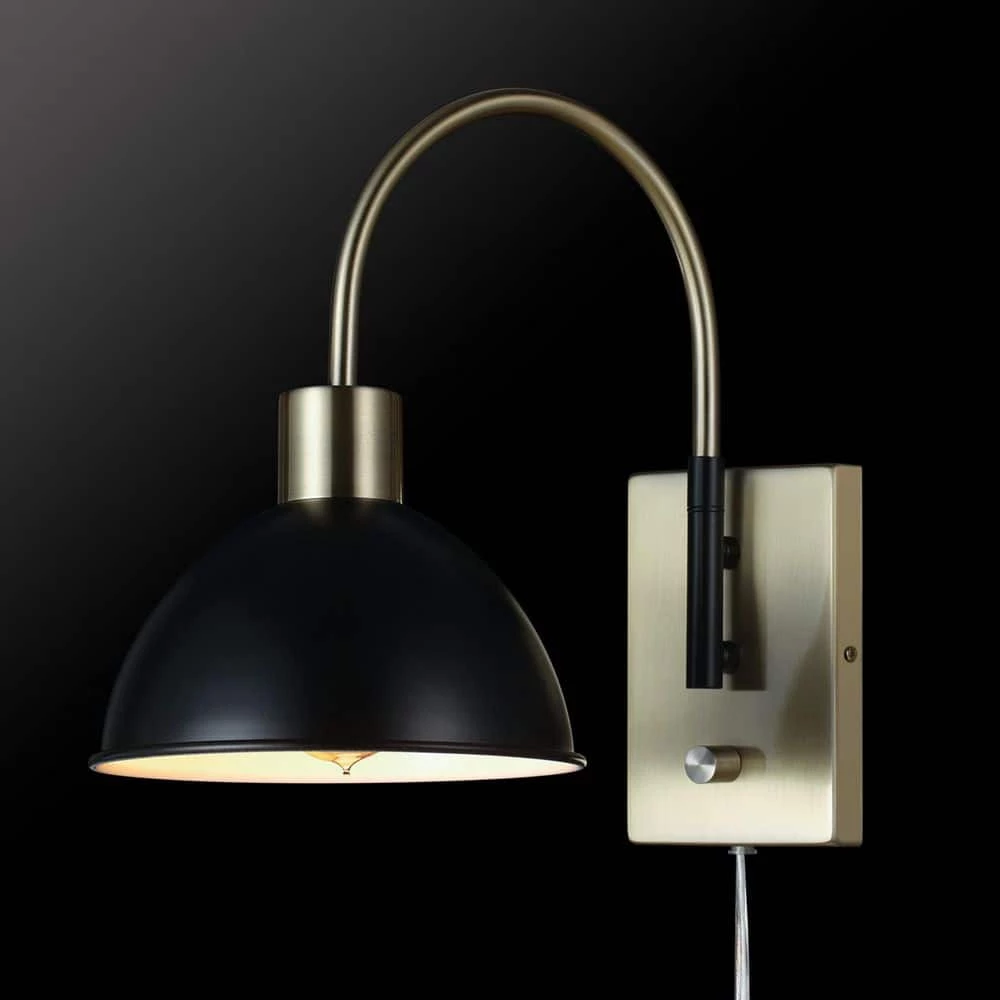1-Light Matte Brass Plug-In or Hardwire Wall Sconce with Matte Black Accents, 6 ft. Clear Cord, On/Off Rotary Switch by Globe Electric 2 1-Light Matte Brass Plug-In or Hardwire Wall Sconce with Matte Black Accents, 6 ft. Clear Cord, On/Off Rotary Switch by Globe Electric - Image 2