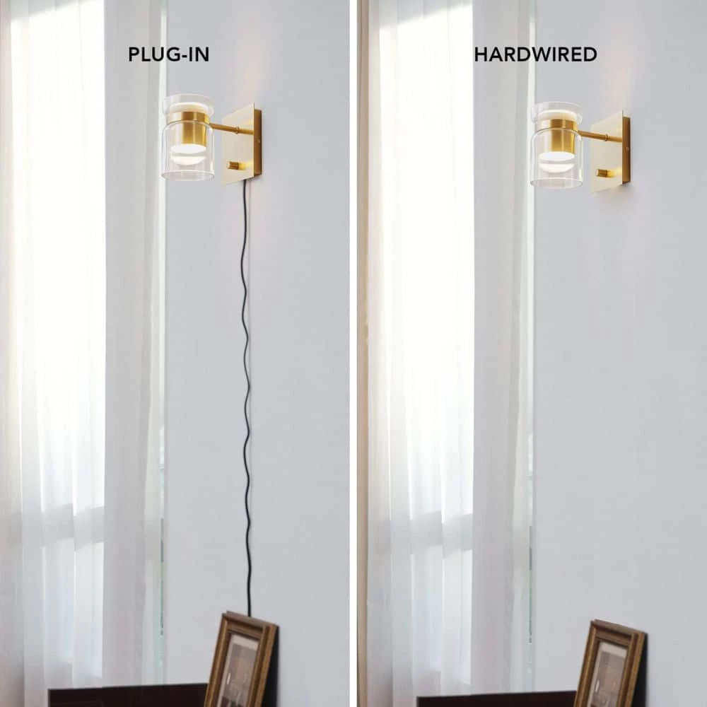 1-Light Matte Brass LED Integrated Plug-In or Hardwire Wall Sconce with Clear Glass Outer Shade and Frosted Inner Shade by Globe Electric 10 1-Light Matte Brass LED Integrated Plug-In or Hardwire Wall Sconce with Clear Glass Outer Shade and Frosted Inner Shade by Globe Electric - Image 10