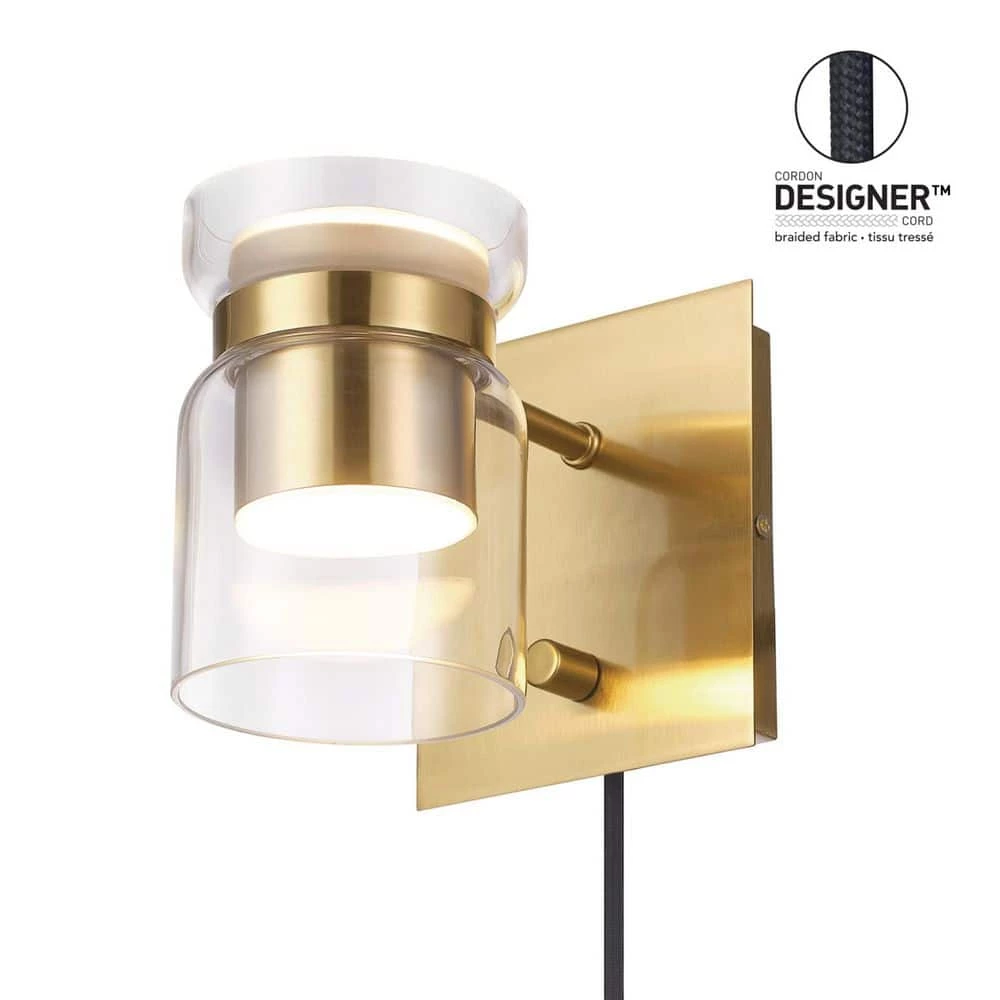 1-Light Matte Brass LED Integrated Plug-In or Hardwire Wall Sconce with Clear Glass Outer Shade and Frosted Inner Shade by Globe Electric 7 1-Light Matte Brass LED Integrated Plug-In or Hardwire Wall Sconce with Clear Glass Outer Shade and Frosted Inner Shade by Globe Electric - Image 7