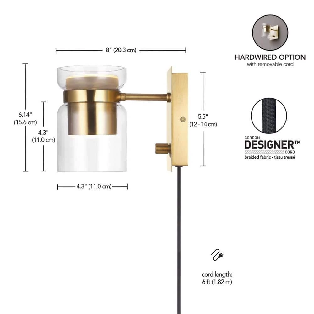 1-Light Matte Brass LED Integrated Plug-In or Hardwire Wall Sconce with Clear Glass Outer Shade and Frosted Inner Shade by Globe Electric 3 1-Light Matte Brass LED Integrated Plug-In or Hardwire Wall Sconce with Clear Glass Outer Shade and Frosted Inner Shade by Globe Electric - Image 3