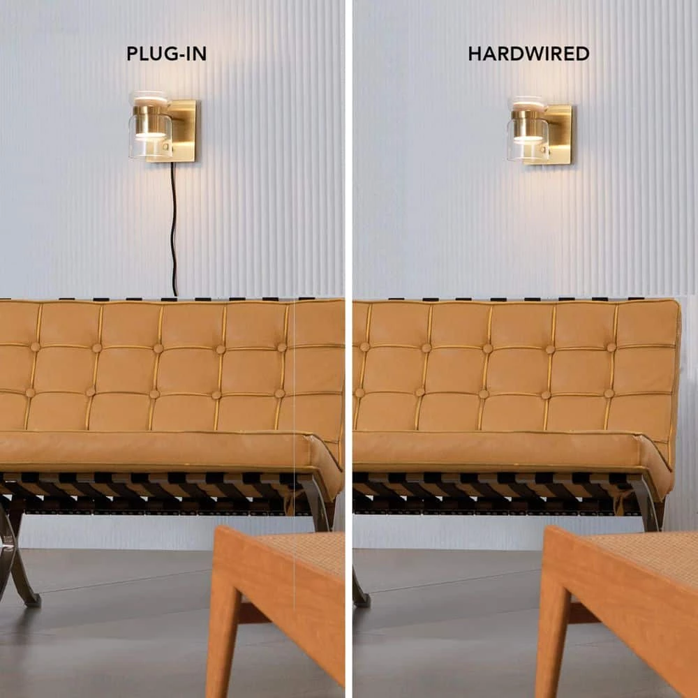1-Light Matte Brass LED Integrated Plug-In or Hardwire Wall Sconce with Clear Glass Outer Shade and Frosted Inner Shade by Globe Electric 4 1-Light Matte Brass LED Integrated Plug-In or Hardwire Wall Sconce with Clear Glass Outer Shade and Frosted Inner Shade by Globe Electric - Image 4