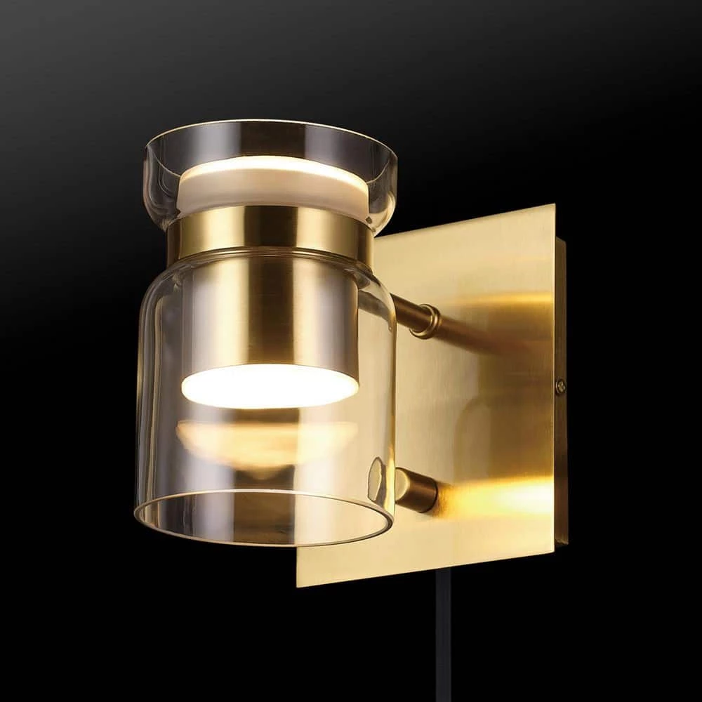 1-Light Matte Brass LED Integrated Plug-In or Hardwire Wall Sconce with Clear Glass Outer Shade and Frosted Inner Shade by Globe Electric 2 1-Light Matte Brass LED Integrated Plug-In or Hardwire Wall Sconce with Clear Glass Outer Shade and Frosted Inner Shade by Globe Electric - Image 2