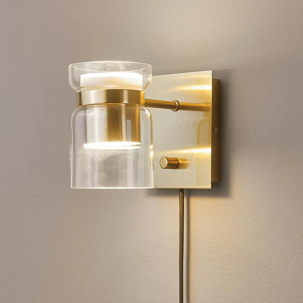 1-Light Matte Brass LED Integrated Plug-In or Hardwire Wall Sconce with Clear Glass Outer Shade and Frosted Inner Shade by Globe Electric 8 1-Light Matte Brass LED Integrated Plug-In or Hardwire Wall Sconce with Clear Glass Outer Shade and Frosted Inner Shade by Globe Electric - Image 8