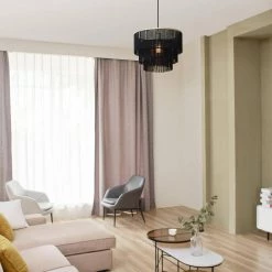 Willow 1-Light Matte Gold Pendant Light with Black Fabric Fringe Shade and Black Cloth Hanging Cord by Globe Electric -Deals Globe Electric Store matte gold globe electric chandeliers 44845 1f 1000