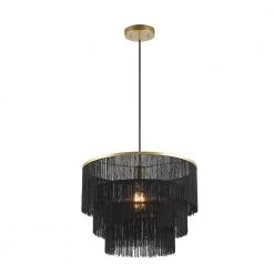 Willow 1-Light Matte Gold Pendant Light with Black Fabric Fringe Shade and Black Cloth Hanging Cord by Globe Electric