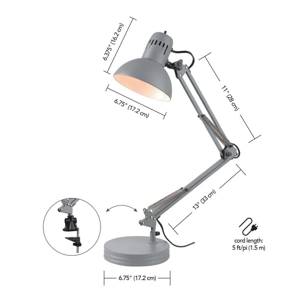 Architect 28 in. Matte Gray Balanced Arm Desk Lamp with Interchangeable Base and Clamp Arm Design by Globe Electric 7 Architect 28 in. Matte Gray Balanced Arm Desk Lamp with Interchangeable Base and Clamp Arm Design by Globe Electric - Image 7
