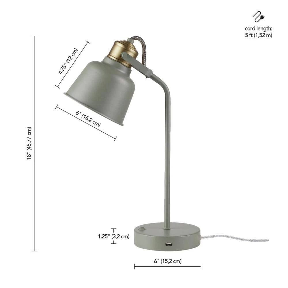 Dakota 18 in. Matte Sage Green Desk Lamp with Matte Brass Accents and 2.1A USB Port by Globe Electric 9 Dakota 18 in. Matte Sage Green Desk Lamp with Matte Brass Accents and 2.1A USB Port by Globe Electric - Image 9