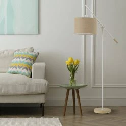 66 in. Matte White Floor Lamp with Faux Wood Accents and Jute Shade, Dimmable Rotary Switch on Socket by Globe Electric -Deals Globe Electric Store matte white globe electric floor lamps 91002850 31 1000