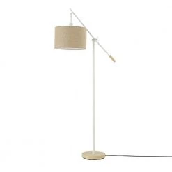 66 in. Matte White Floor Lamp with Faux Wood Accents and Jute Shade, Dimmable Rotary Switch on Socket by Globe Electric
