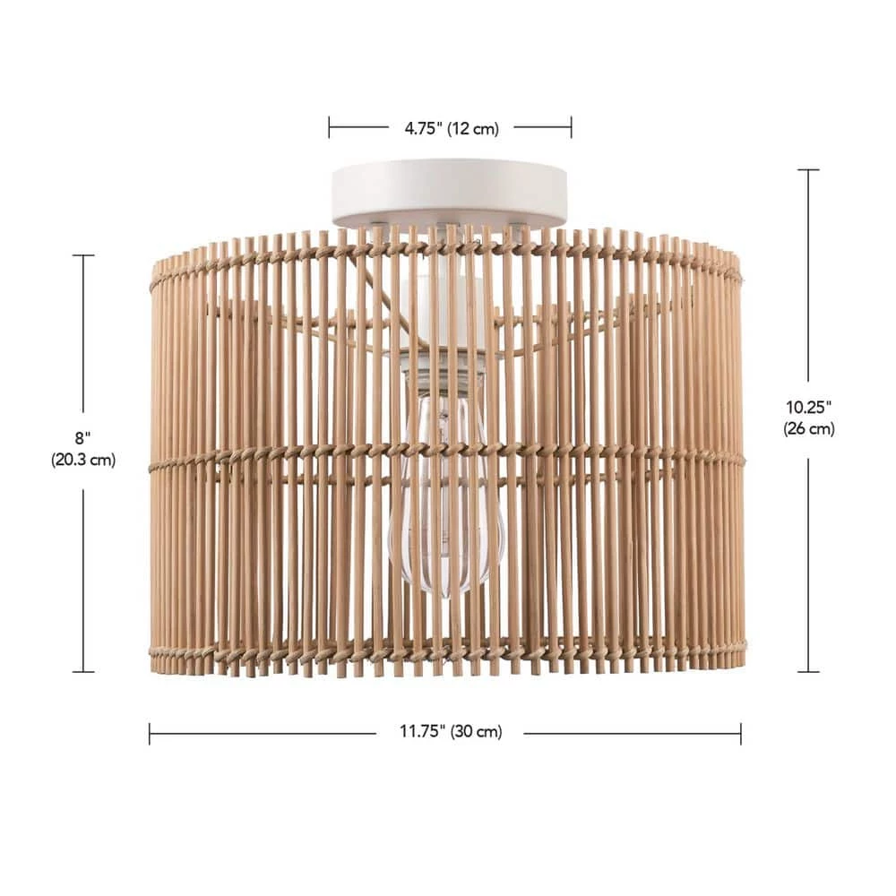 11.75 in. 1-Light Matte White Semi-Flush Mount Ceiling Light with Natural Bamboo Shade by Globe Electric 3 11.75 in. 1-Light Matte White Semi-Flush Mount Ceiling Light with Natural Bamboo Shade by Globe Electric - Image 3