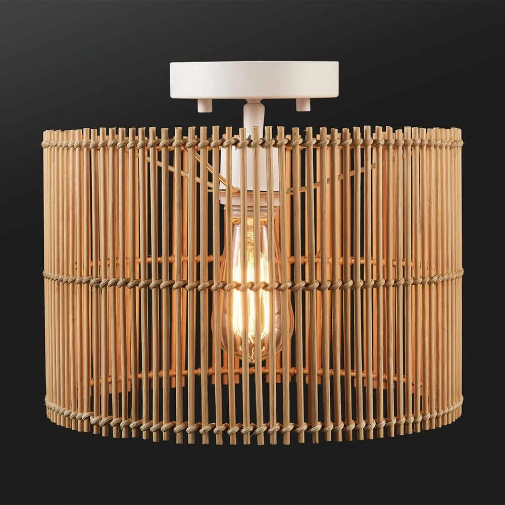 11.75 in. 1-Light Matte White Semi-Flush Mount Ceiling Light with Natural Bamboo Shade by Globe Electric 2 11.75 in. 1-Light Matte White Semi-Flush Mount Ceiling Light with Natural Bamboo Shade by Globe Electric - Image 2