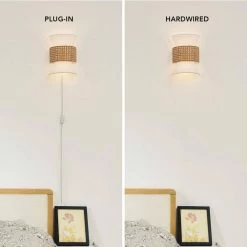 2-Light Matte White Plug-In or Hardwire Wall Sconce with White Fabric Shade and Natural Rattan Accent by Globe Electric 19 2-Light Matte White Plug-In or Hardwire Wall Sconce with White Fabric Shade and Natural Rattan Accent by Globe Electric -Deals Globe Electric Store matte white globe electric wall sconces 91002863 31 1000