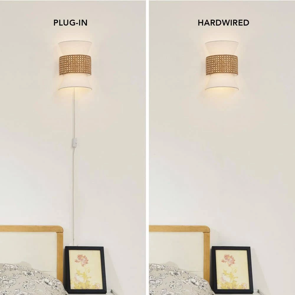 2-Light Matte White Plug-In or Hardwire Wall Sconce with White Fabric Shade and Natural Rattan Accent by Globe Electric 10 2-Light Matte White Plug-In or Hardwire Wall Sconce with White Fabric Shade and Natural Rattan Accent by Globe Electric - Image 10