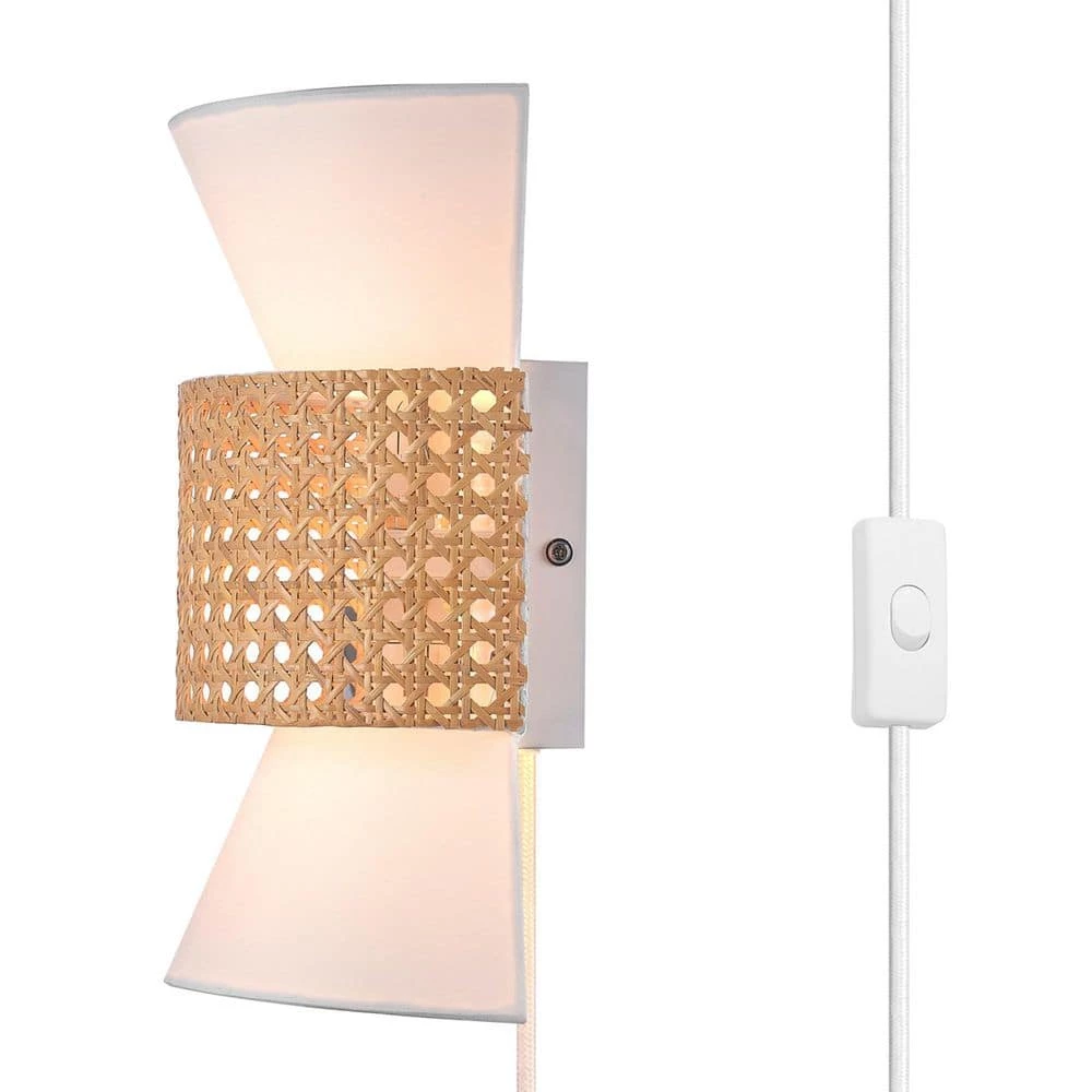 2-Light Matte White Plug-In or Hardwire Wall Sconce with White Fabric Shade and Natural Rattan Accent by Globe Electric 7 2-Light Matte White Plug-In or Hardwire Wall Sconce with White Fabric Shade and Natural Rattan Accent by Globe Electric - Image 7