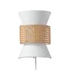 2-Light Matte White Plug-In or Hardwire Wall Sconce with White Fabric Shade and Natural Rattan Accent by Globe Electric