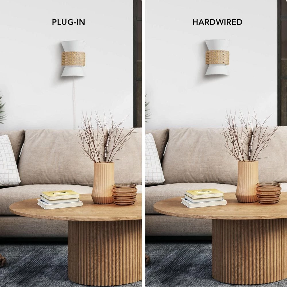 2-Light Matte White Plug-In or Hardwire Wall Sconce with White Fabric Shade and Natural Rattan Accent by Globe Electric 4 2-Light Matte White Plug-In or Hardwire Wall Sconce with White Fabric Shade and Natural Rattan Accent by Globe Electric - Image 4