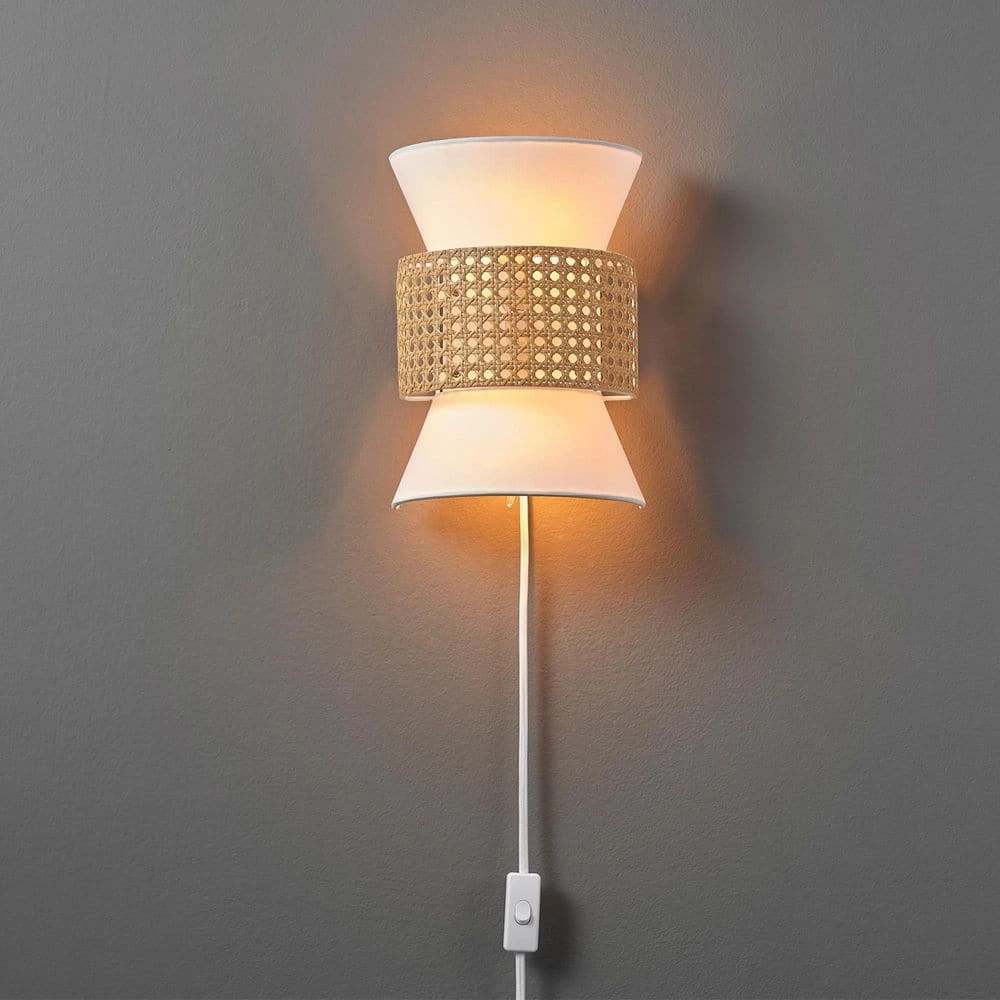 2-Light Matte White Plug-In or Hardwire Wall Sconce with White Fabric Shade and Natural Rattan Accent by Globe Electric 8 2-Light Matte White Plug-In or Hardwire Wall Sconce with White Fabric Shade and Natural Rattan Accent by Globe Electric - Image 8