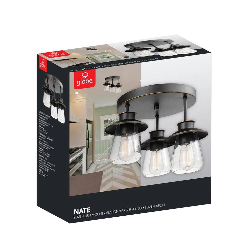 Nate 11 in. 3-Light Oil Rubbed Bronze Semi-Flush Mount Ceiling Light with Clear Glass Shades by Globe Electric 7 Nate 11 in. 3-Light Oil Rubbed Bronze Semi-Flush Mount Ceiling Light with Clear Glass Shades by Globe Electric - Image 7