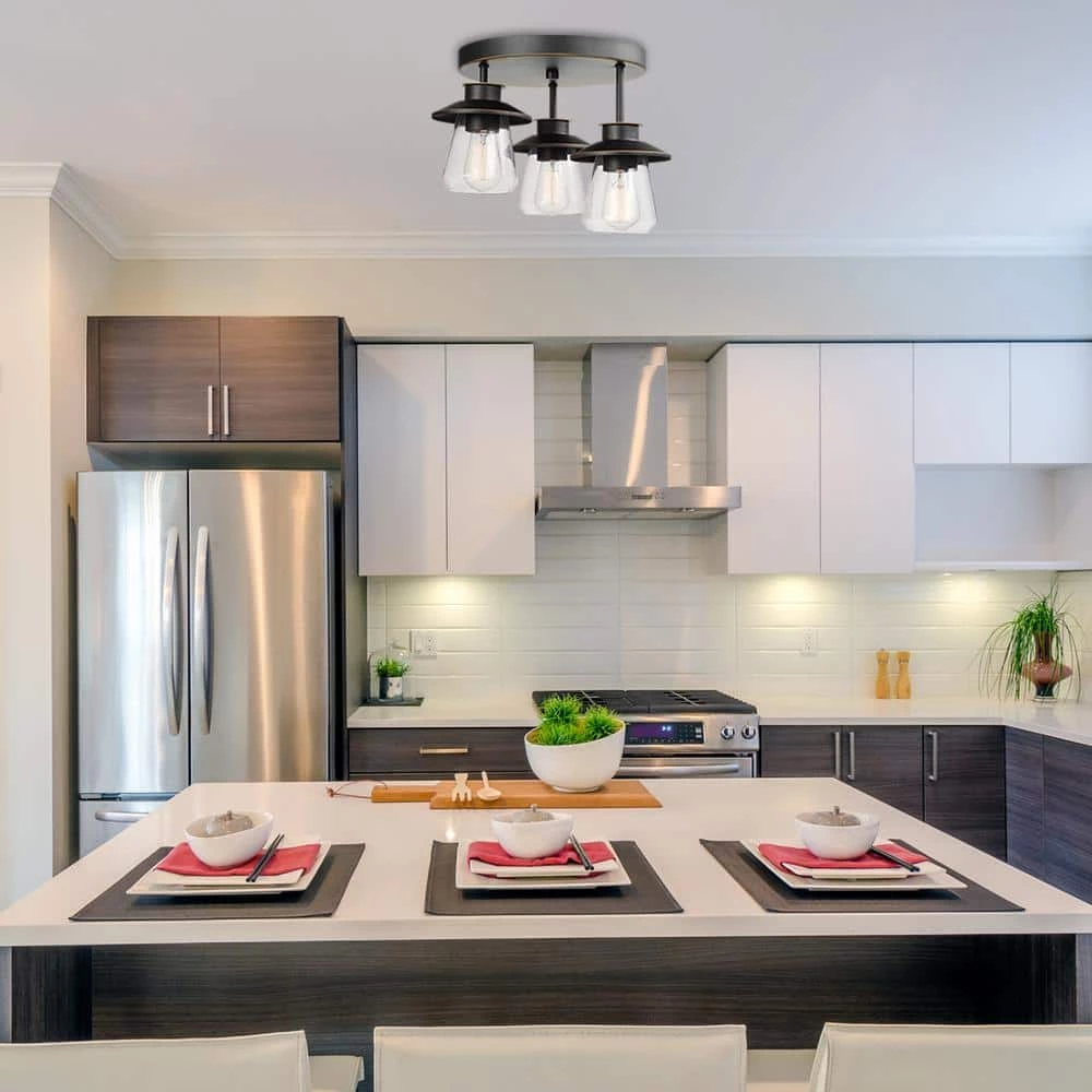 Nate 11 in. 3-Light Oil Rubbed Bronze Semi-Flush Mount Ceiling Light with Clear Glass Shades by Globe Electric 2 Nate 11 in. 3-Light Oil Rubbed Bronze Semi-Flush Mount Ceiling Light with Clear Glass Shades by Globe Electric - Image 2