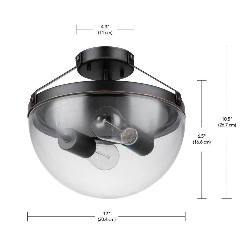 Belsize 12 in. 2-Light Oil Rubbed Bronze Semi-Flush Mount with Clear Glass Shade, Vintage Incandescent Bulbs Included by Globe Electric 6 Belsize 12 in. 2-Light Oil Rubbed Bronze Semi-Flush Mount with Clear Glass Shade, Vintage Incandescent Bulbs Included by Globe Electric - Image 6