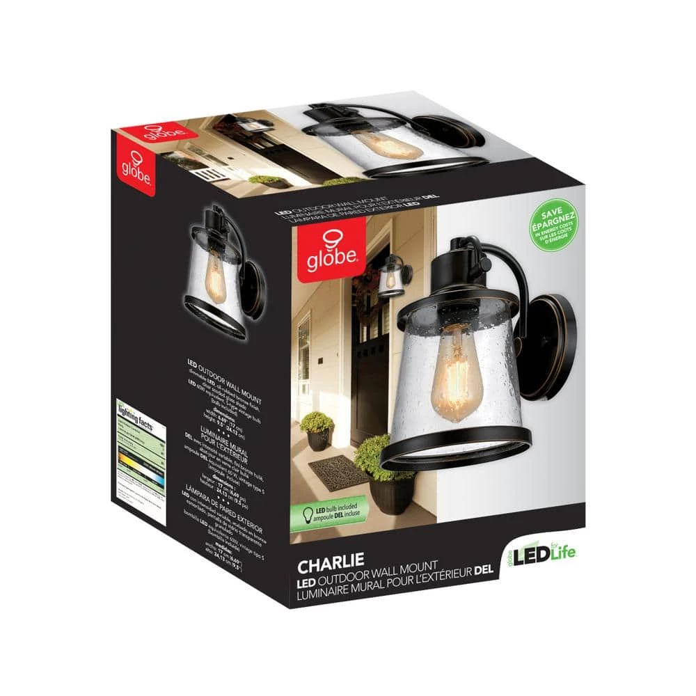Charlie Collection 1-Light Oil-Rubbed Bronze LED Outdoor Wall Sconce with Clear Seeded Glass Shade, LED Bulb Included by Globe Electric 7 Charlie Collection 1-Light Oil-Rubbed Bronze LED Outdoor Wall Sconce with Clear Seeded Glass Shade, LED Bulb Included by Globe Electric - Image 7