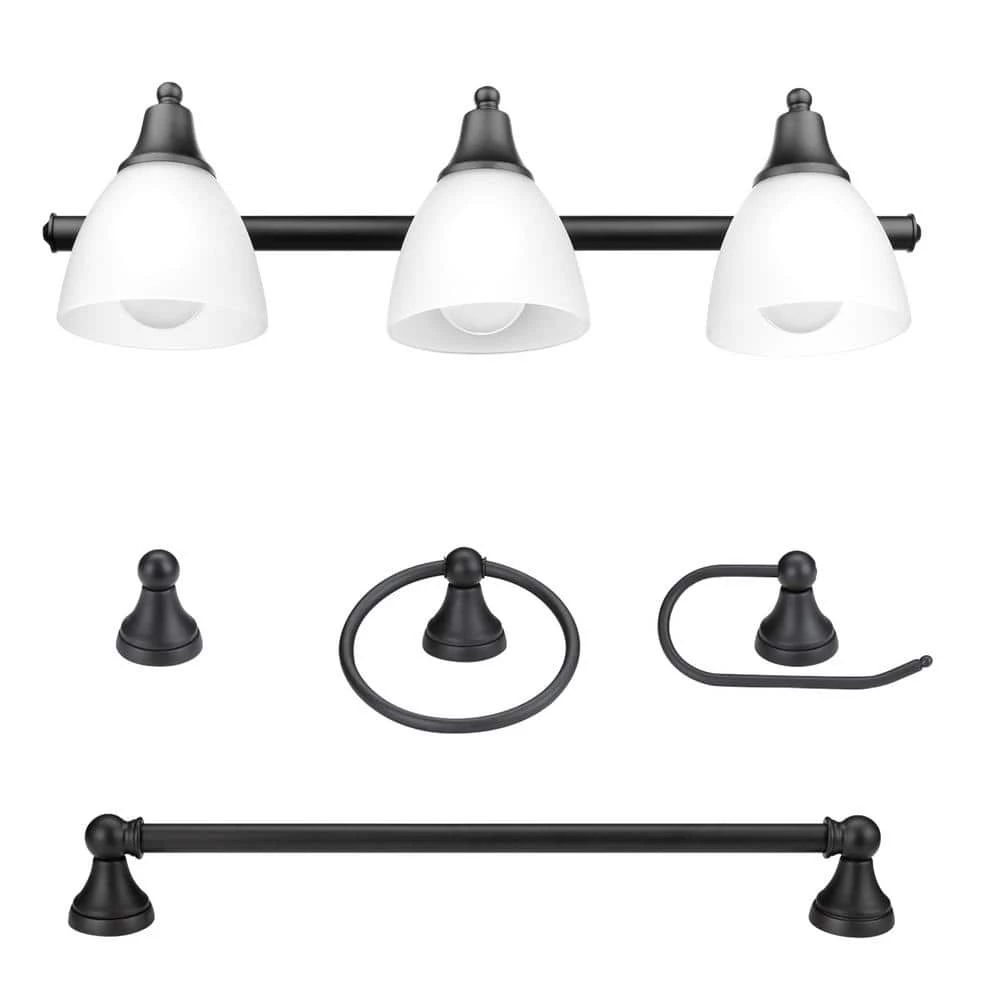 Jayden 3-Light Oil Rubbed Bronze Vanity Light with Frosted Glass Shades and 4-Piece Bath Set by Globe Electric 1 Jayden 3-Light Oil Rubbed Bronze Vanity Light with Frosted Glass Shades and 4-Piece Bath Set by Globe Electric