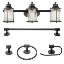 Bayfield 3-Light Oil Rubbed Bronze Vanity Light With Seeded Glass Shades and Bath Set by Globe Electric