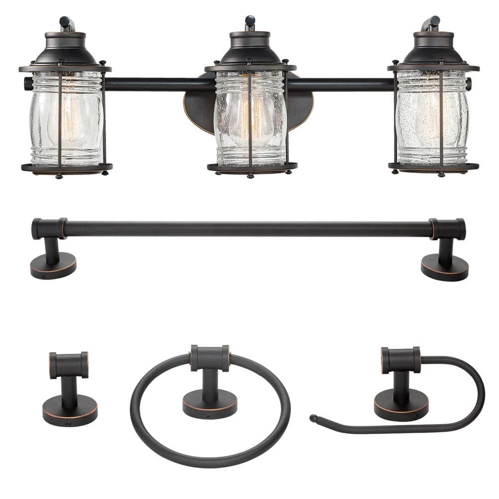 Bayfield 3-Light Oil Rubbed Bronze Vanity Light With Seeded Glass Shades and Bath Set by Globe Electric 1 Bayfield 3-Light Oil Rubbed Bronze Vanity Light With Seeded Glass Shades and Bath Set by Globe Electric