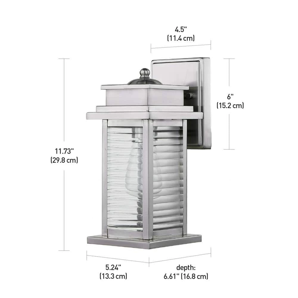 Wayne 1-Light Painted Brushed Nickel Outdoor Indoor Wall Lantern Sconce with Clear Ribbed Glass Shade, Bulb Included by Globe Electric 4 Wayne 1-Light Painted Brushed Nickel Outdoor Indoor Wall Lantern Sconce with Clear Ribbed Glass Shade, Bulb Included by Globe Electric - Image 4