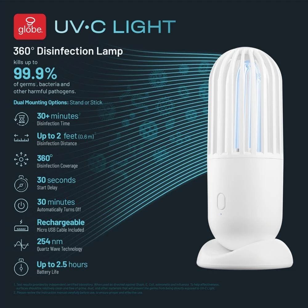 UV-C Light 5.9 in White Disinfecting 360-Degree Portable Rechargeable Lamp Micro USB Cable Included by Globe Electric 2 UV-C Light 5.9 in White Disinfecting 360-Degree Portable Rechargeable Lamp Micro USB Cable Included by Globe Electric - Image 2