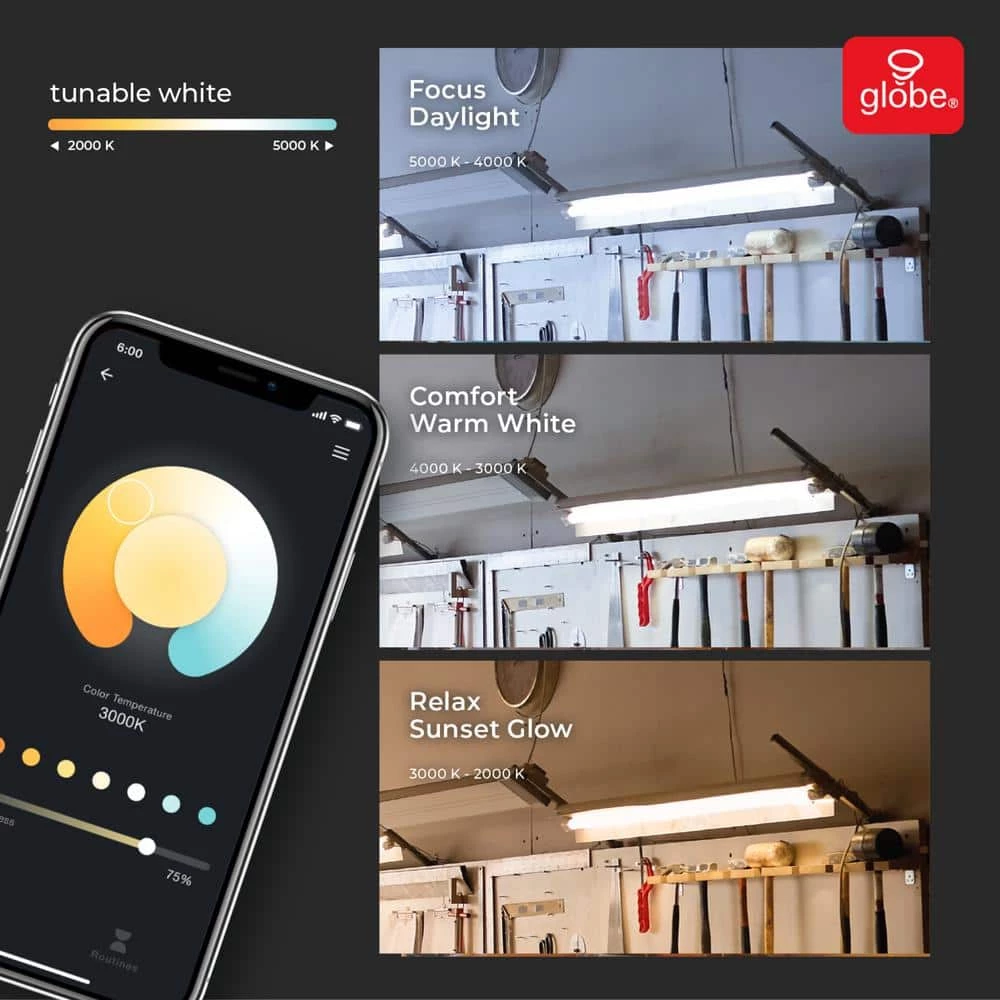 Wi-Fi Smart 4 ft. 42-Watt Linkable LED White Shop Light, No Hub Required, Voice Activated by Globe Electric 2 Wi-Fi Smart 4 ft. 42-Watt Linkable LED White Shop Light, No Hub Required, Voice Activated by Globe Electric - Image 2